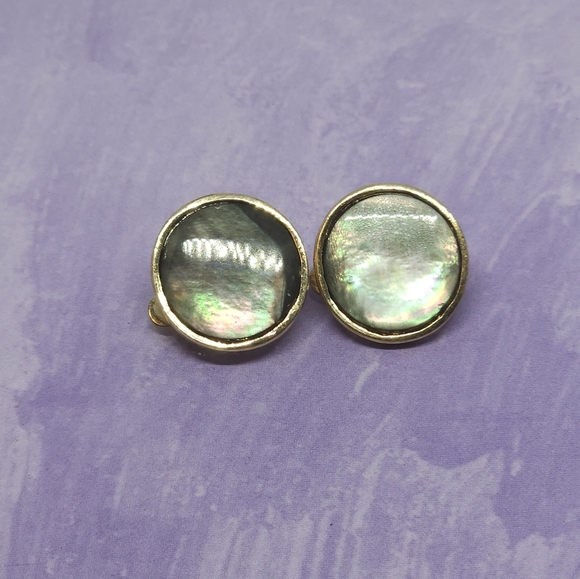 Chico's Circular Clip-On Earrings Gold Tone & Abalone - Picture 2 of 7